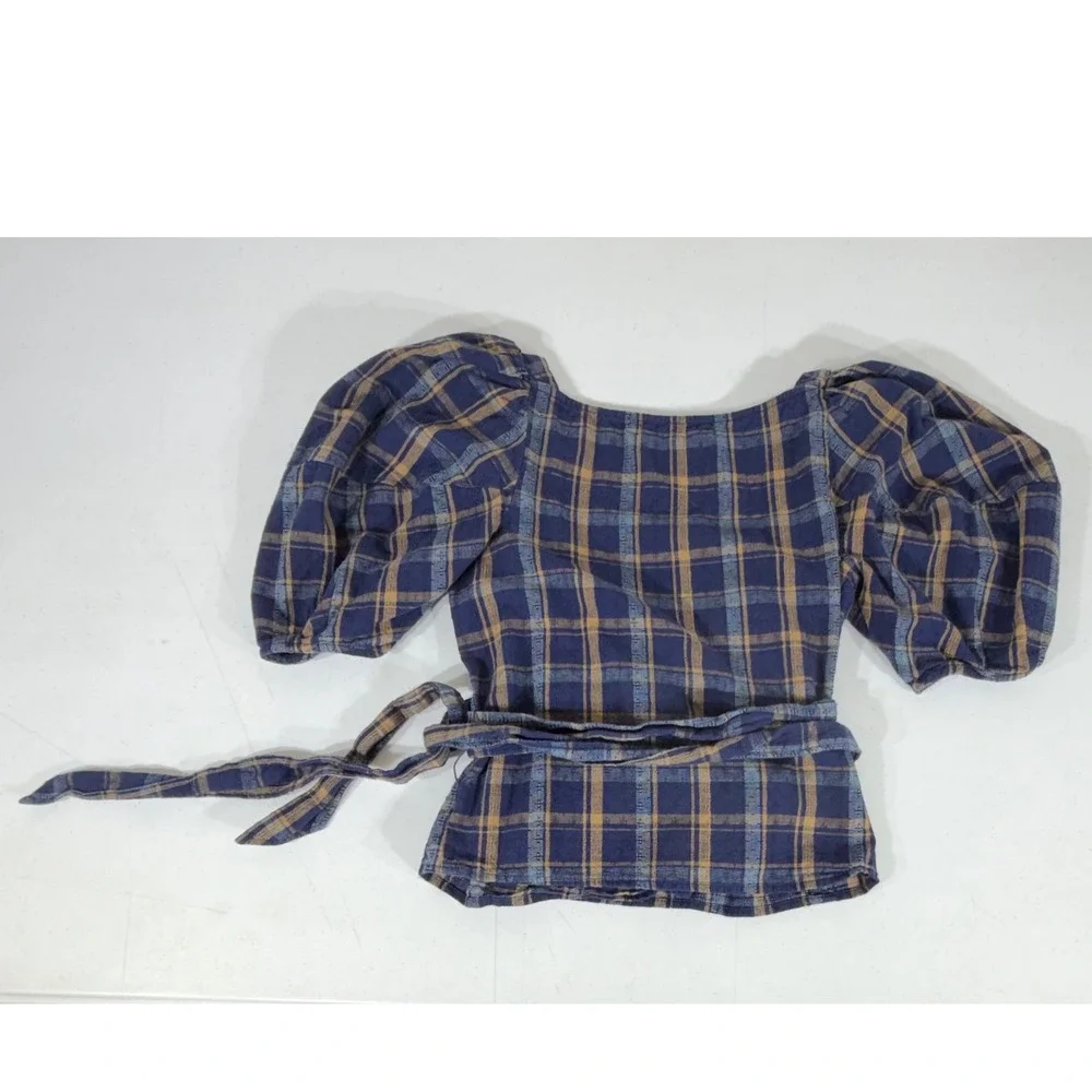 Madewell Sweetheart Wrap Top XS Blue Plaid Puff Sleeve‎ Cotton Dobby Textured